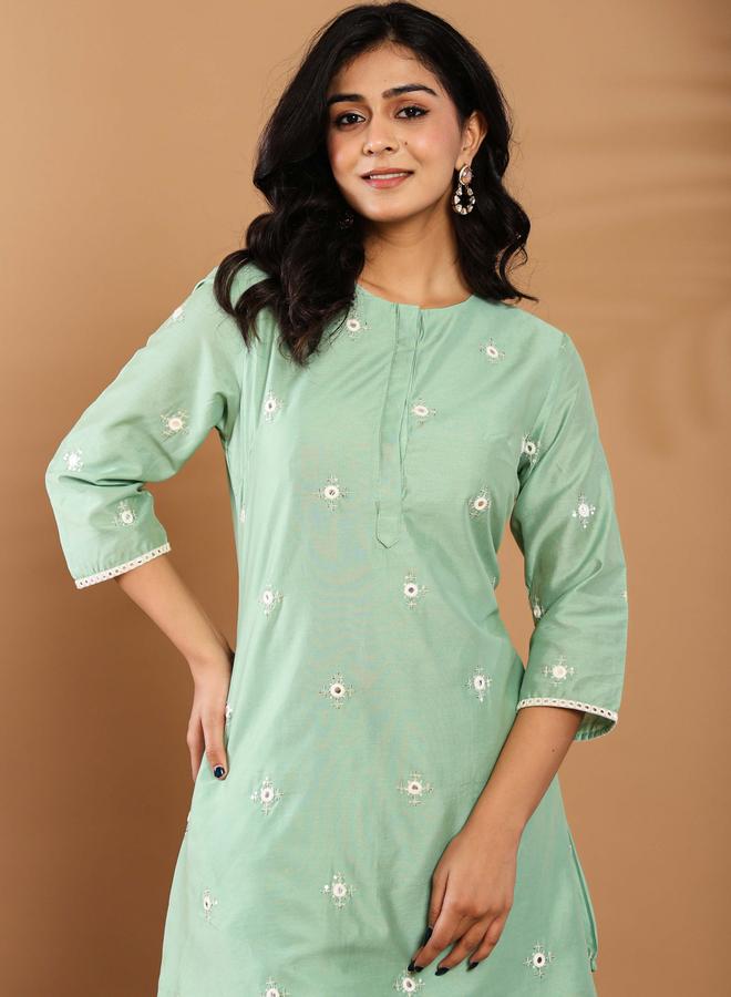 KASYA Women Pastel Green Embroidered Tunic and Pants Co-Ords - Image 3